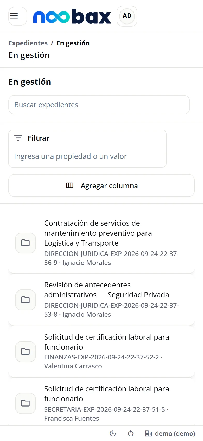Listado de expedientes de noobax en el teléfono.